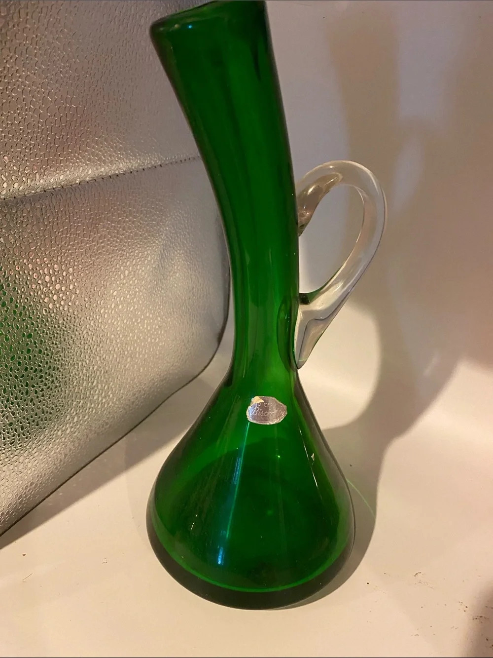 Vintage Elegant Emerald Green Glass Bud Vase with Clear Handle Bischoff